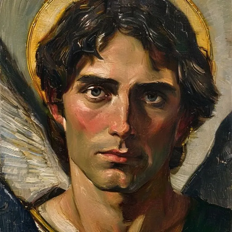 Retrato detallado de San Miguel Arcángel con una expresión serena pero poderosa, portando una armadura dorada y alas majestuosas. La luz celestial lo envuelve, destacando su divinidad.