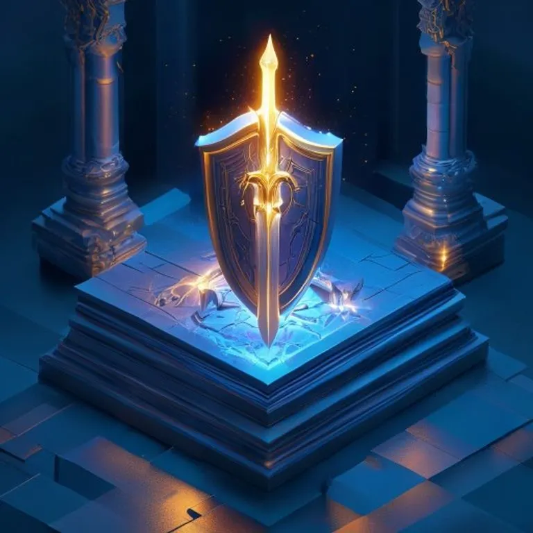 Escudo de energía divina con el símbolo de San Miguel Arcángel en el centro, rodeado de luz protectora. El diseño es moderno y conceptual, representando una defensa espiritual.