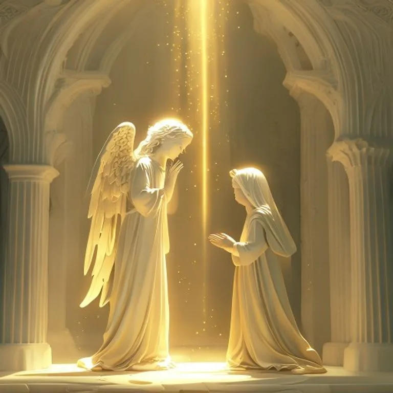 Arcángel Gabriel anunciando a la Virgen María, con un lirio blanco simbolizando pureza y el Espíritu Santo descendiendo en forma de paloma, en un ambiente celestial.