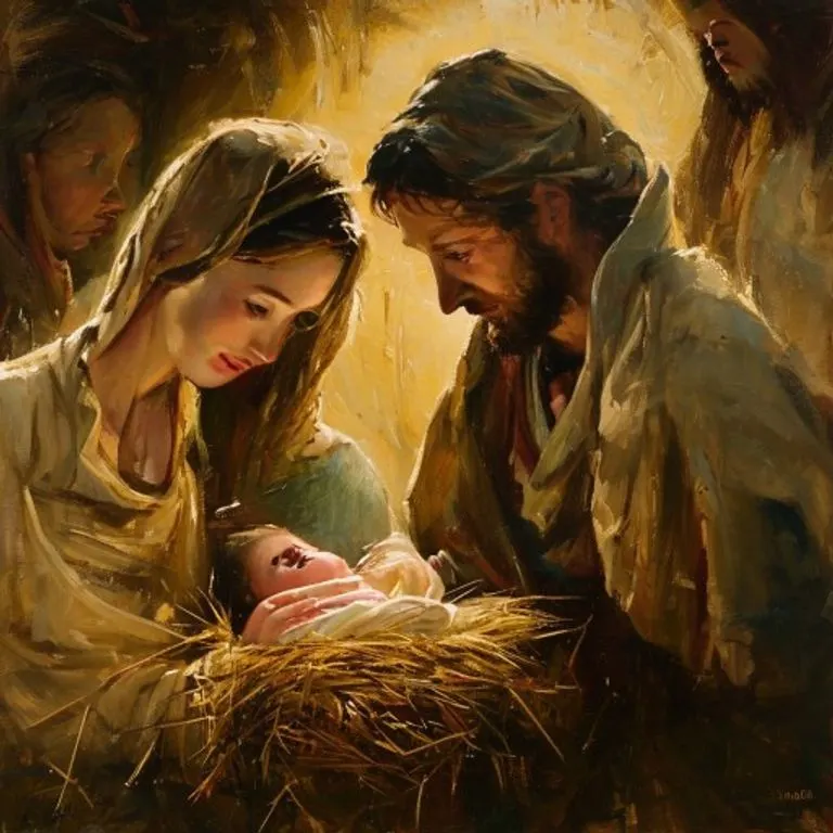 Escena del Nacimiento de Jesús en Belén, con María y José adorando al niño en el pesebre, rodeados de animales como buey y asno, bajo una estrella brillante.