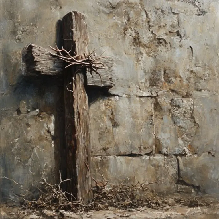 Cruz de madera con corona de espinas, símbolo del sacrificio de Cristo