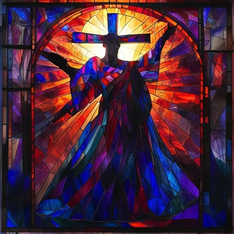 Vitral representando a Cristo cargando la cruz, con luz espiritual