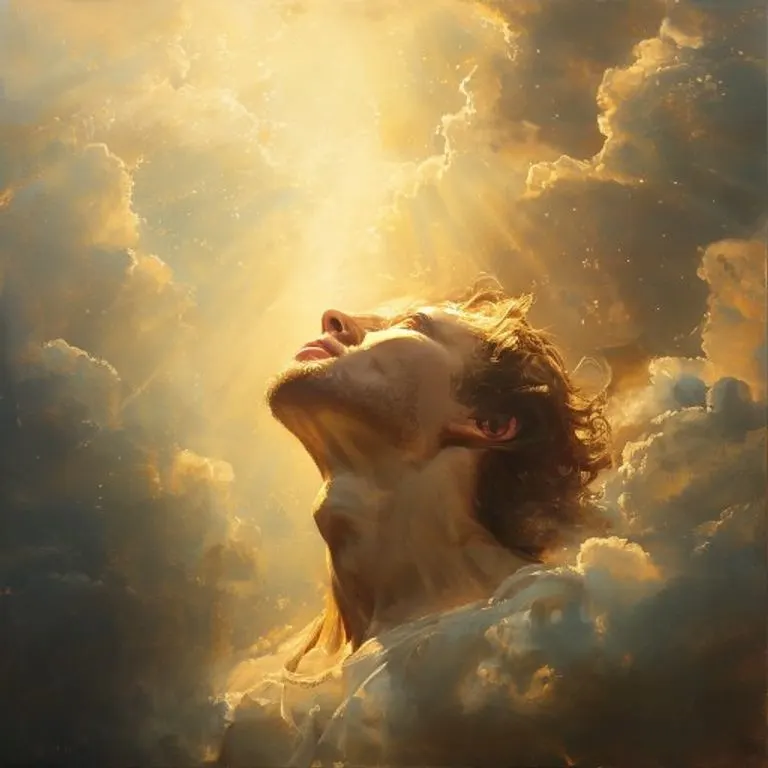 Jesús ascendiendo majestuosamente al cielo, rodeado de nubes y luz divina, mientras sus discípulos lo observan desde la tierra con asombro.