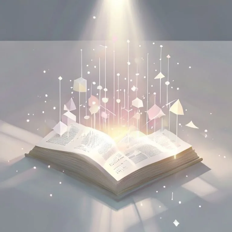 Libro abierto con páginas iluminadas por una luz celestial, simbolizando la santificación de los pensamientos y el trabajo a través de la sabiduría divina. El entorno sugiere un espacio de estudio y meditación.