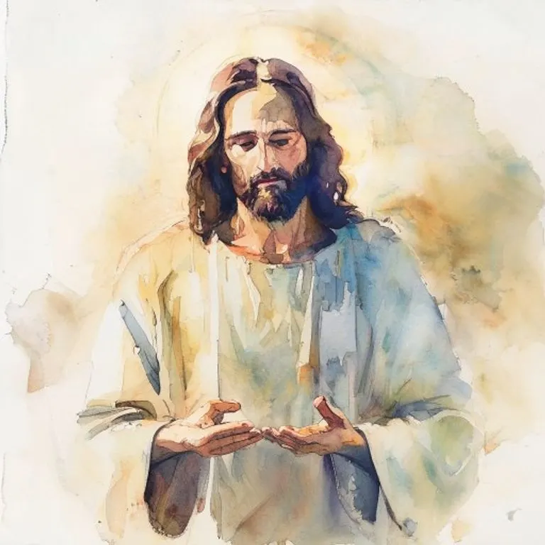Pintura en acuarela de Jesucristo ofreciendo una bendición, simbolizando guía y consuelo espiritual.