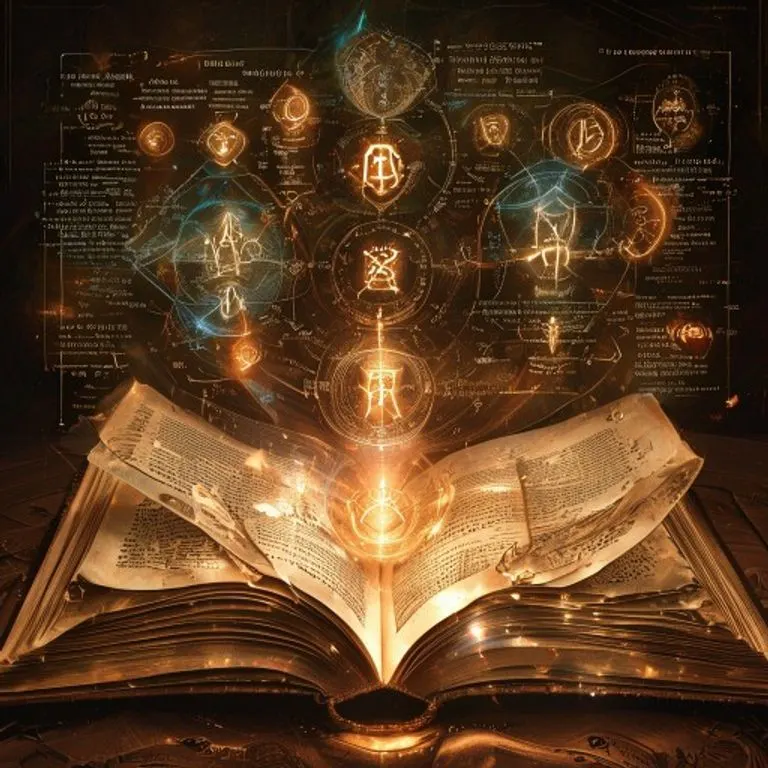 Un libro sagrado abierto, fuente de sabiduría, rodeado de símbolos que representan los dones celestiales que iluminan el entendimiento y guían el camino espiritual.