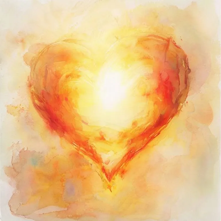 Un corazón espiritual rodeado de un aura de luz y símbolos abstractos que representan los dones del Espíritu Santo, pintado en estilo acuarela, transmitiendo serenidad y devoción.