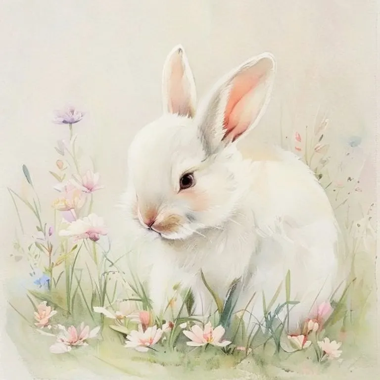 Watercolor illustration of a gentle white rabbit surrounded by delicate flowers, symbolizing peace and sensitivity.