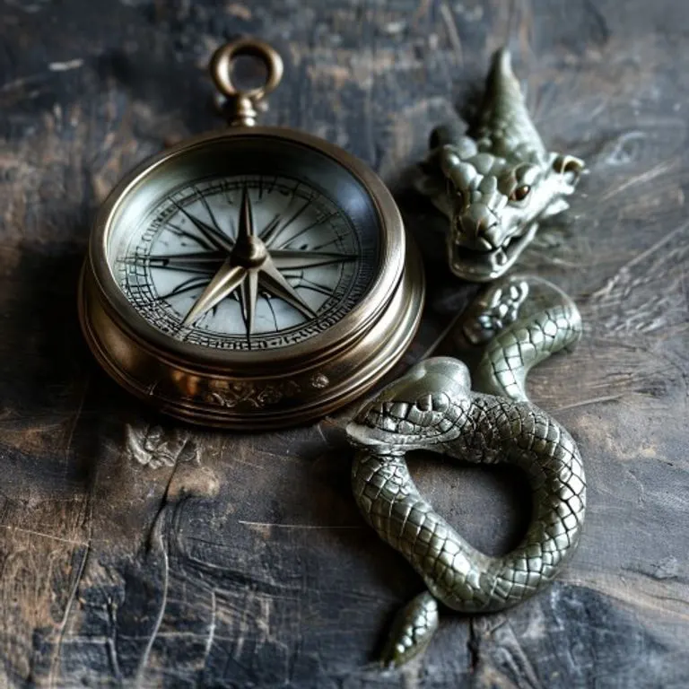 A still life composition featuring symbolic elements representing the Ox and the Snake. A sturdy, polished wooden carving of an ox stands beside a delicate, intricately detailed silver snake figurine, both resting on a velvet cloth with ancient Chinese coins scattered around, symbolizing stability and wisdom.
