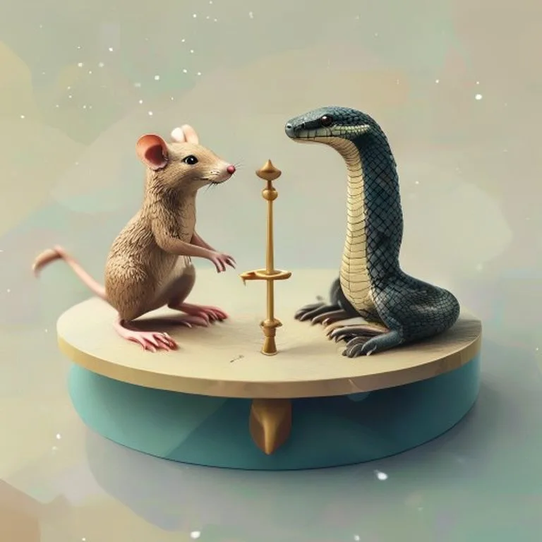A 3D illustration depicting the Rat and Snake in a state of balanced interaction, highlighting their complementary nature with subtle glowing energy lines connecting them.