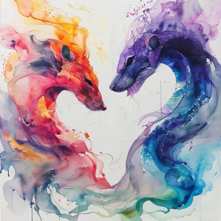 An abstract watercolor painting representing the synergistic and collaborative nature of a Rat and Snake partnership, with flowing colors and intertwined forms.