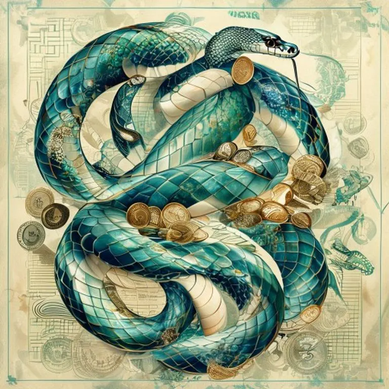 A digital art piece showcasing the Water Snake's deep wisdom and innate talent for managing wealth and resources, with abstract flowing water elements.