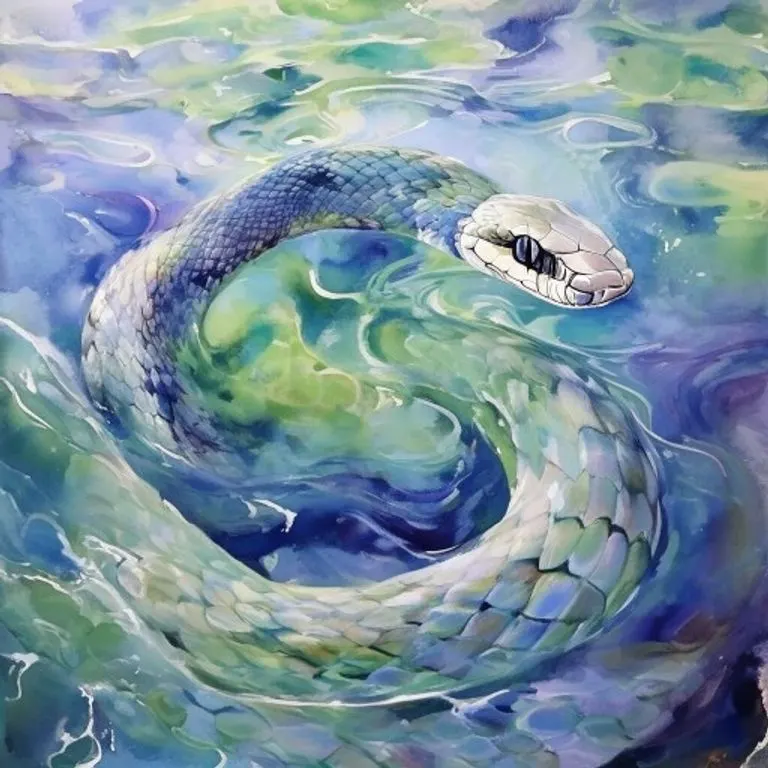 A watercolor painting depicting the fluidity of emotion and adaptability, with abstract water forms and subtle serpentine motifs, symbolizing the Water Snake's nature.