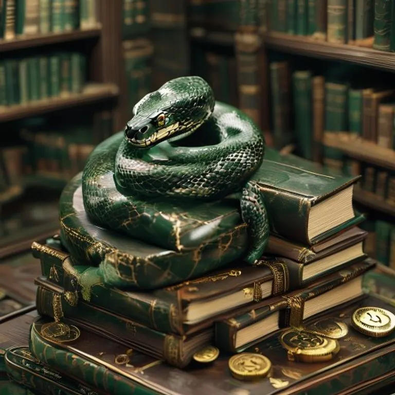 A stylized snake crafted from polished jade, resting on ancient books and gold coins, illustrating the Earth Snake's connection to knowledge, stability, and material prosperity.