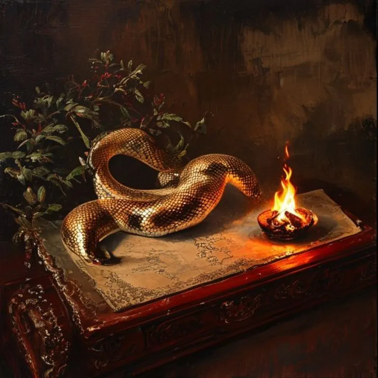 An ancient, leather-bound book open to pages filled with intricate symbols and glowing script, representing the Fire Serpent's profound wisdom and philosophical depth.