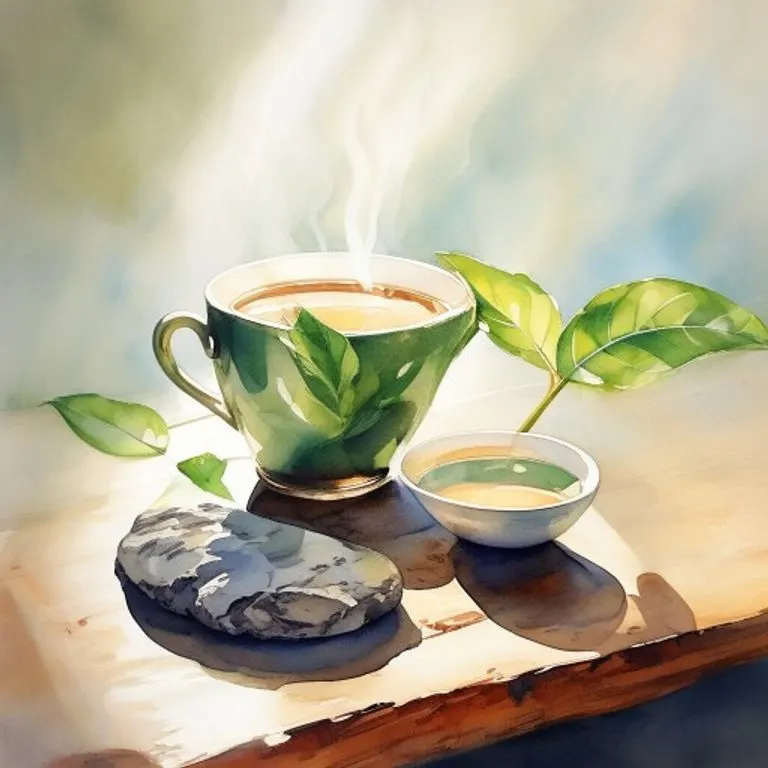 A still life composition featuring a steaming cup of herbal tea, surrounded by various dried herbs like lavender and chamomile, with soft, ambient lighting.