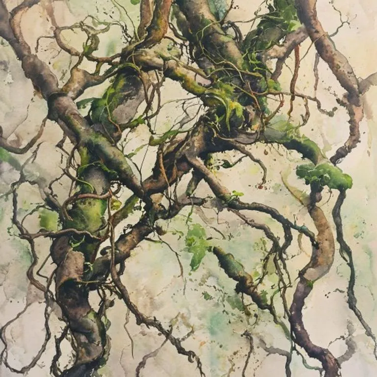 A watercolor painting depicting intertwined roots, representing the complex and sometimes suffocating nature of excessive self-reliance and the entanglement of personal burdens.