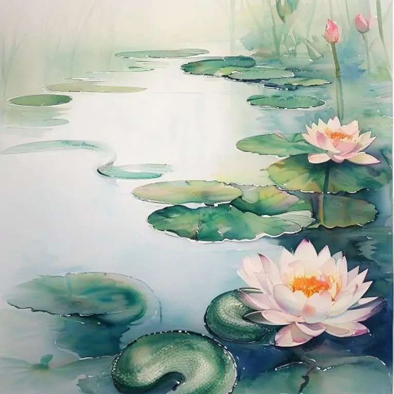 A serene watercolor painting of a snake gracefully coiled around a smooth, polished stone amidst gentle ripples of water. The colors are soft and muted, conveying a sense of tranquility and unyielding calm, even as elements around it suggest movement or change.