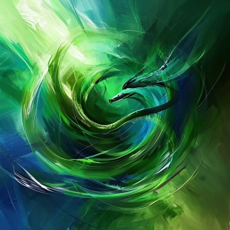 The dynamic energy and growth of the Wood Horse Year 2014, subtly guided by the Snake's intuitive adaptability. The image depicts a swirling vortex of green and brown hues, representing the Wood element, with abstract horse-like figures galloping through. Intertwined within the energy are subtle, elegant snake-like patterns, symbolizing intuition and strategic calm amidst the dynamism. Rendered in a vibrant, ethereal digital illustration style.
