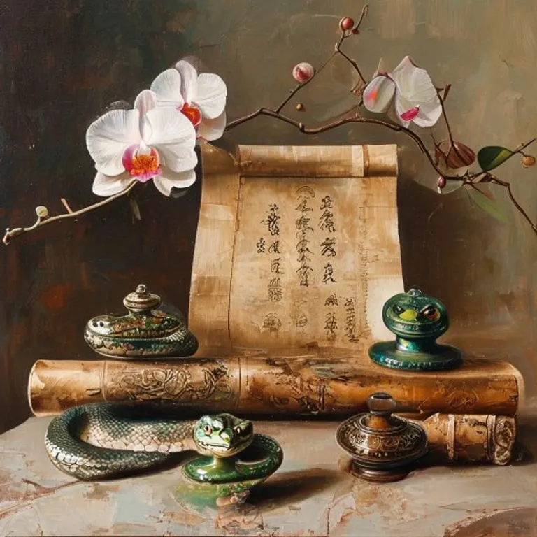 An oil painting captures the essence of the Snake's inner world, blending ancient wisdom with artistic expression, a key theme for Snakes in the Chinese Zodiac during 2014.