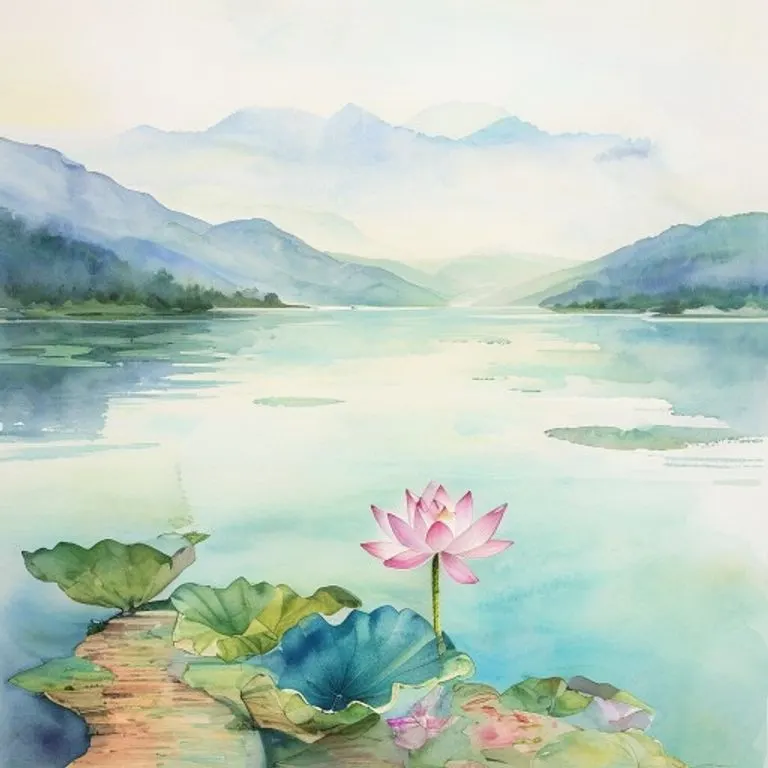 Tranquil watercolor landscape featuring mountains, a serene lake, and a small boat, representing restorative and peaceful leisure travel for the Snake in 2015.