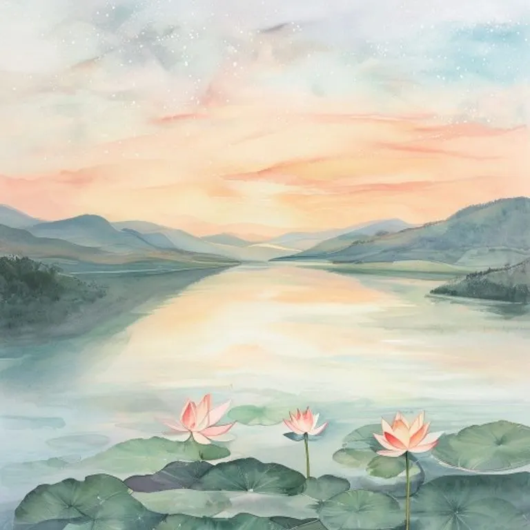 A serene, ethereal illustration depicting a single, glowing lotus flower floating on calm, reflective water under a soft, diffused light, symbolizing spiritual awakening and inner peace. The colors are muted and harmonious.