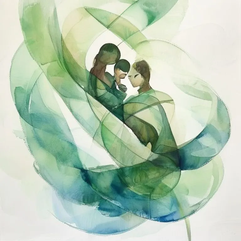 An abstract watercolor painting representing the gentle flow and interconnectedness of family relationships, with soft, blended colors symbolizing harmony and mutual support for the Snake in 2015.