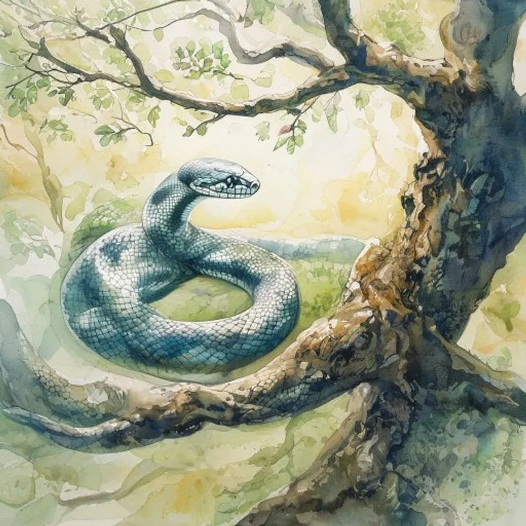 Una serpiente estilizada se enrosca alrededor de un tronco de árbol antiguo, con sus escamas brillando suavemente bajo la luz de la luna. El árbol tiene raíces profundas que se extienden por el suelo, simbolizando la sabiduría, la conexión con la tierra y el crecimiento constante, elementos clave para la Serpiente en un año de transformación. El ambiente es sereno y místico.