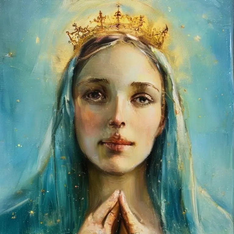 Pintura al óleo de la Coronación de la Virgen María, con ángeles y la Santísima Trinidad, en colores ricos y celestiales.