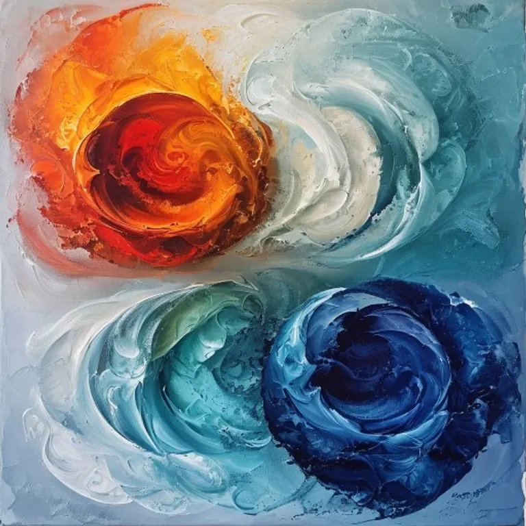 Pintura al óleo vibrante que captura la esencia de los elementos astrológicos: Fuego, Tierra, Aire y Agua, en una danza energética y armoniosa.
