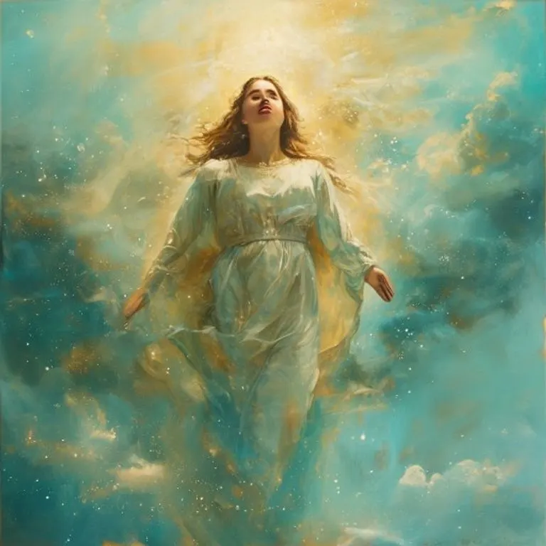 Pintura clásica de la Asunción de la Virgen María, elevada al cielo por ángeles con un manto azul y blanco, su mirada serena y llena de gracia. Nubes y luz divina la rodean.