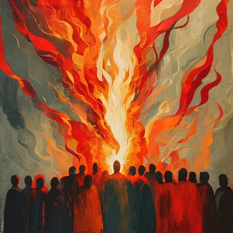 Representación conceptual del Pentecostés, con una paloma blanca (Espíritu Santo) descendiendo sobre figuras humanas, con lenguas de fuego sobre sus cabezas, en un ambiente de luz y energía divina.