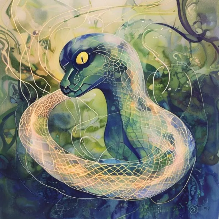 Acuarela detallada de una serpiente estilizada, con elementos abstractos que sugieren intuición y estrategia, en tonos azules y verdes.