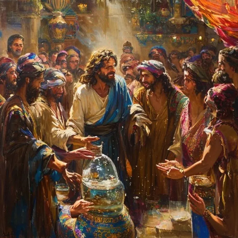 Jesús convierte el agua en vino en las Bodas de Caná, mostrando su poder milagroso y la intercesión de la Virgen María, con tinajas de agua y una atmósfera festiva.