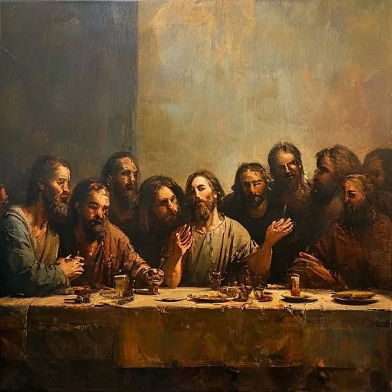 Pintura al óleo de la Última Cena, mostrando a Jesús instituyendo la Eucaristía con sus apóstoles.
