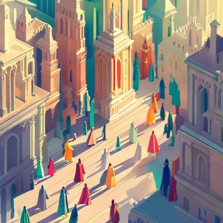 Ilustración digital 3D de una procesión del Corpus Christi, con una multitud de fieles siguiendo una monstrancia.
