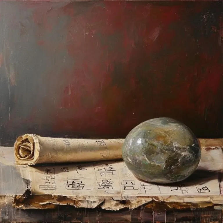Oil painting depicting symbolic challenges and the calming presence of a jade stone, representing the need for temper control and inner peace for Snakes in 2015.
