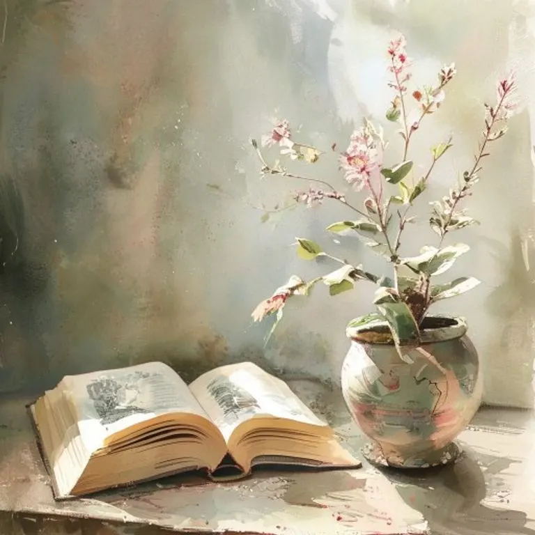 Acuarela de un libro abierto con ilustraciones artísticas y una planta en maceta, simbolizando la creatividad y la introspección.