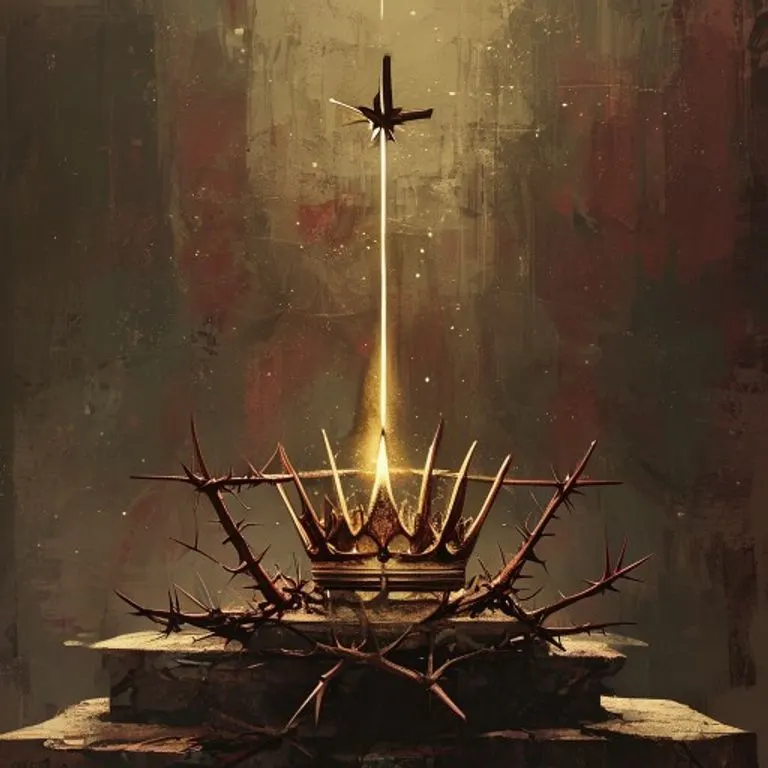 Ilustración conceptual de una lágrima cayendo sobre una corona de espinas en un altar de piedra