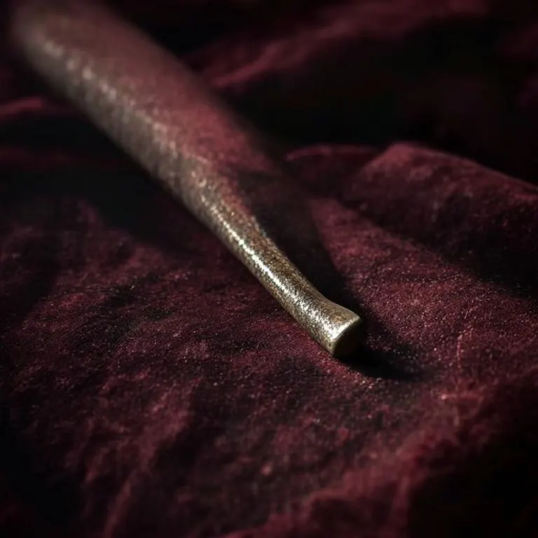 Fotografía macro de un clavo antiguo y doblado sobre tela de terciopelo carmesí