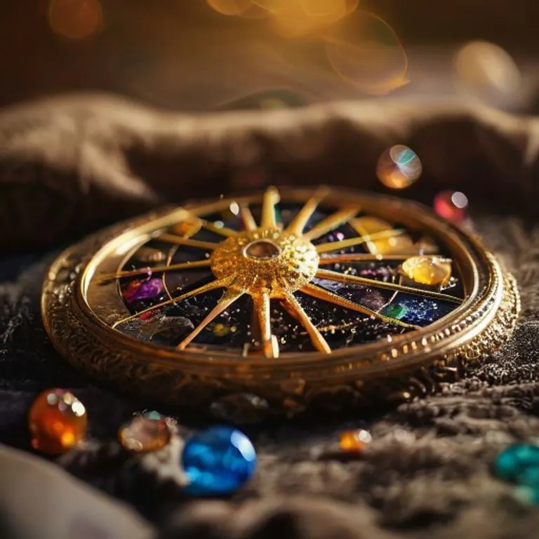 Macro photograph of an antique brass astrolabe resting on red velvet, surrounded by polished gemstones representing astrological planets, under soft, warm lighting.