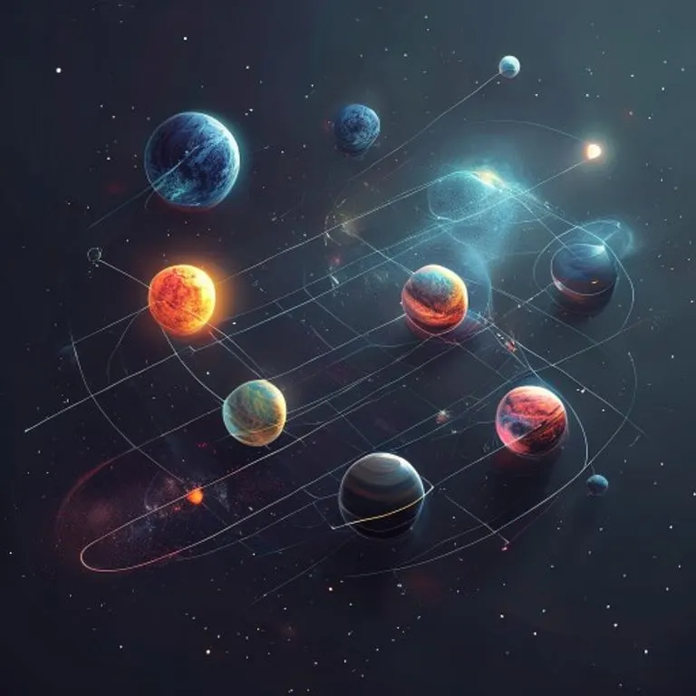 Isometric 3D render of a minimalist solar system with glowing planetary orbs connected by faint energetic lines, set against a dark, starry background.