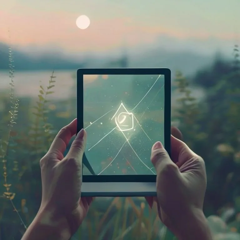Representación artística digital de una interfaz de tablet minimalista y serena, con un único icono brillante, simbolizando el enfoque esencial en la desintoxicación digital, sobre un fondo natural difuminado.