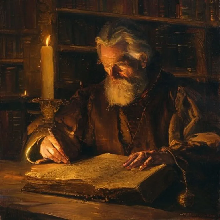 Pintura al óleo de un erudito medieval, posiblemente Nostradamus, estudiando un libro antiguo a la luz de una vela, en un estudio con texturas ricas y poca luz.