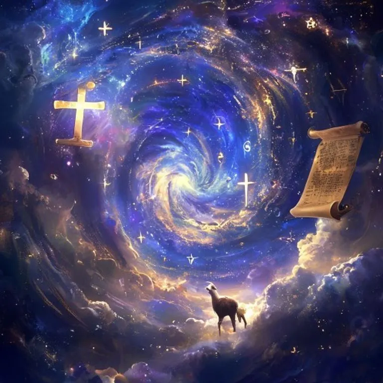 Arte digital de una escena cósmica con una galaxia arremolinada e integrada con símbolos bíblicos etéreos como una cruz, un pergamino abierto y un cordero. Estilo místico y grandioso.