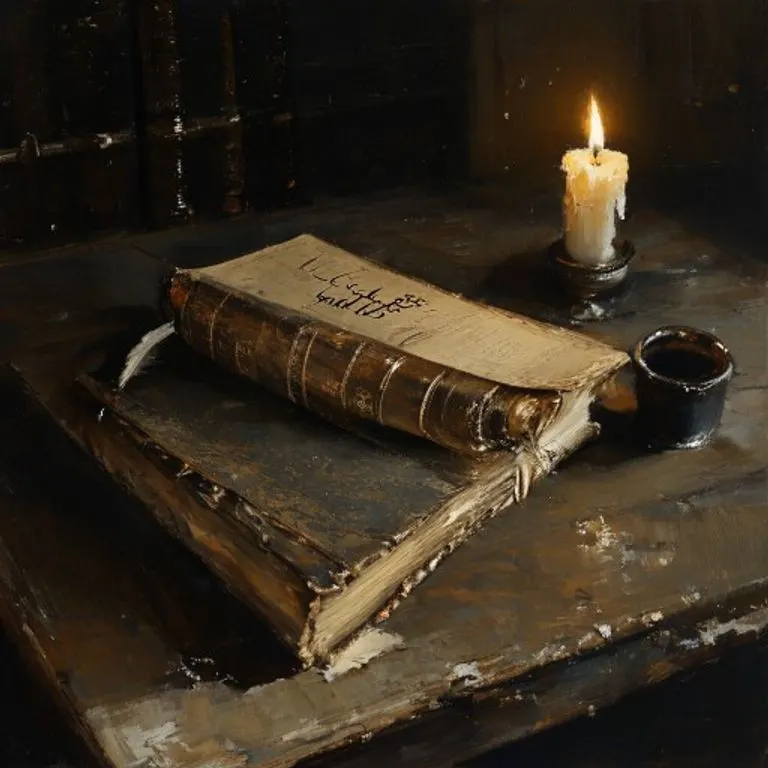 Un antiguo libro de cuero abierto, con páginas amarillentas y texto manuscrito en un estilo críptico, evocando las misteriosas Centurias de Nostradamus, con símbolos astrológicos y un candelabro.