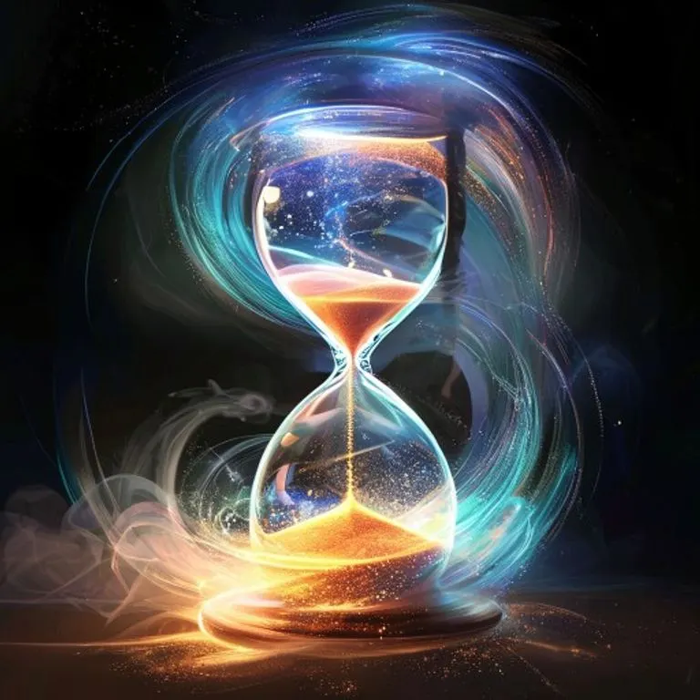 Un antiguo reloj de arena con la arena fluyendo lentamente, rodeado de pergaminos y una pluma, simbolizando el paso del tiempo y la constante búsqueda humana por desvelar los misterios del futuro y las profecías.