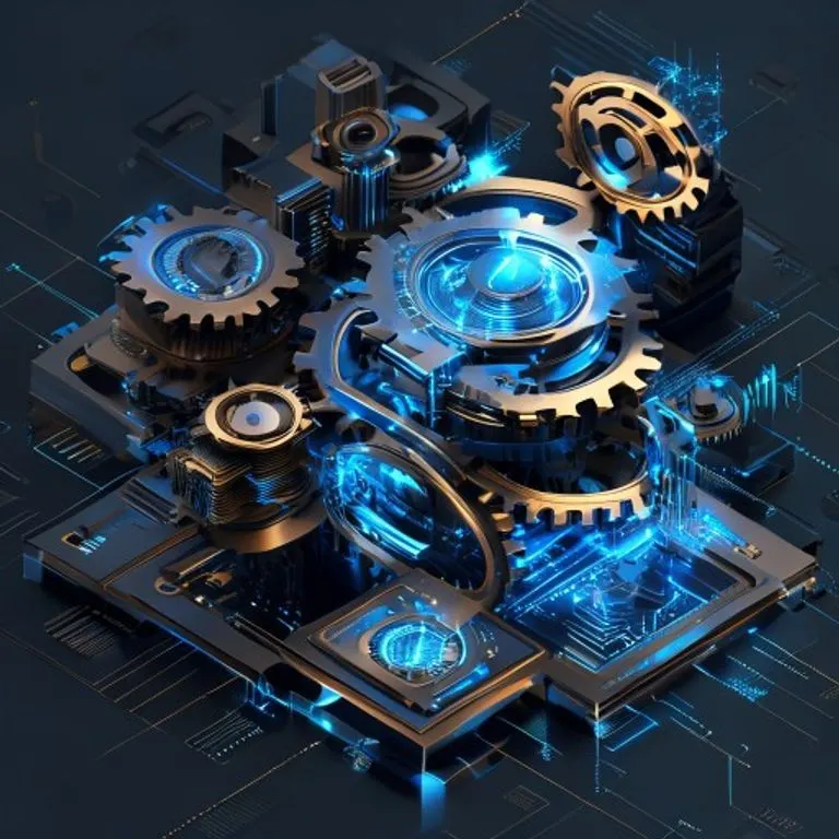 Representación digital 3D de engranajes de latón pulido y tarjetas perforadas, simbolizando la mecánica de la Máquina Analítica y la entrada de datos. El diseño es técnico y futurista, con flujos de datos azules.