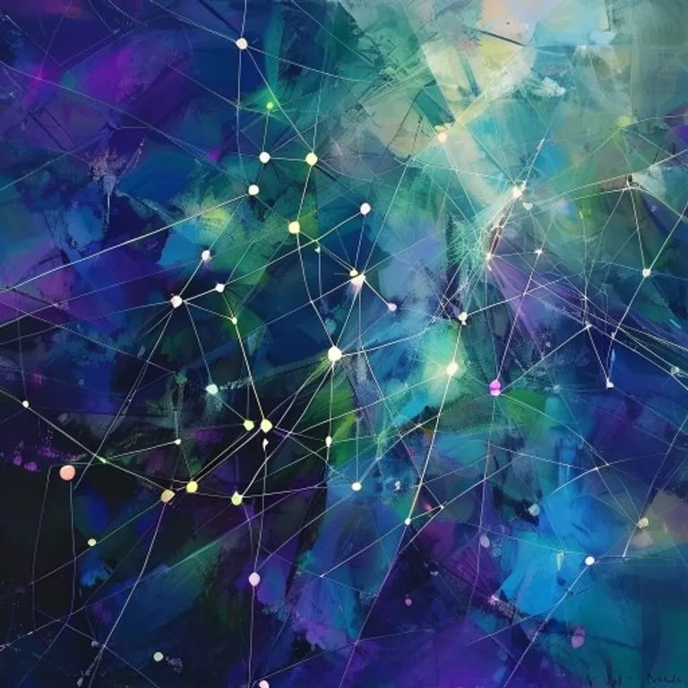 Pintura de arte conceptual que representa una red abstracta de líneas luminosas y formas geométricas, simbolizando algoritmos y el flujo de datos, con una paleta de colores azules y púrpuras que evocan la innovación.