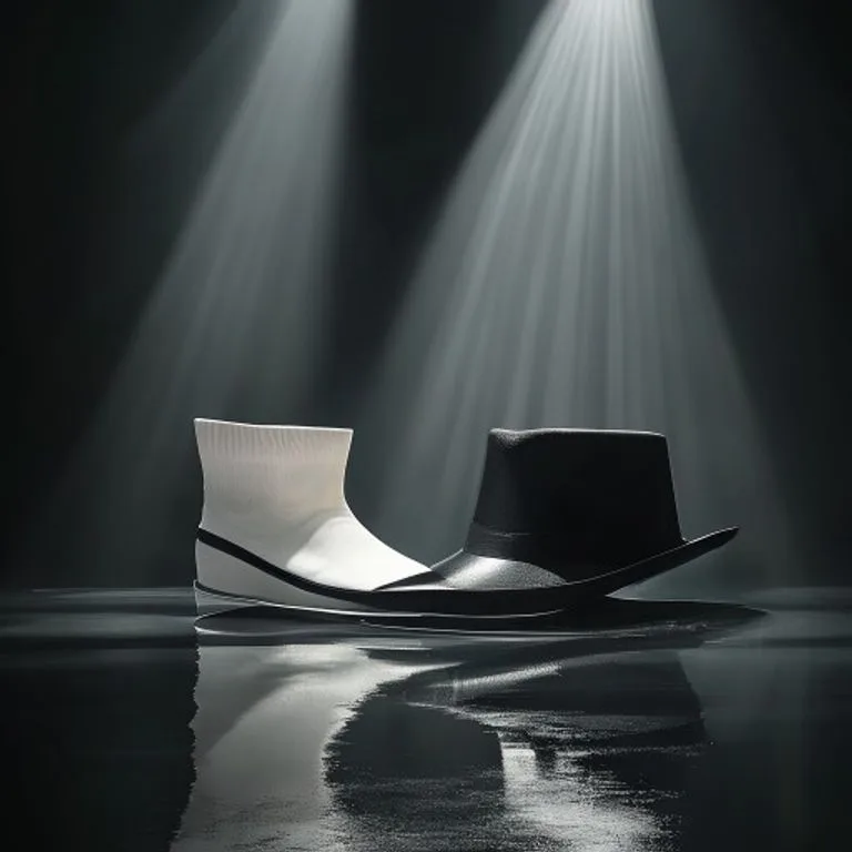 Arte conceptual de un sombrero fedora negro y mocasines blancos sobre un escenario